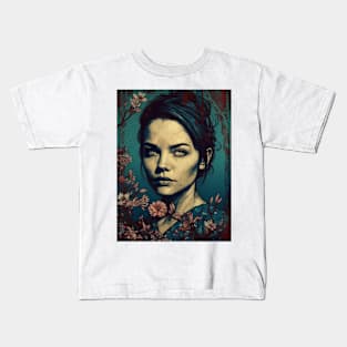 Vintage Rose Blossoms Japanese Woodblock Maple Streetwear Hipster Asian Inspired Retro Manga Samurai Clarkia Kids T-Shirt